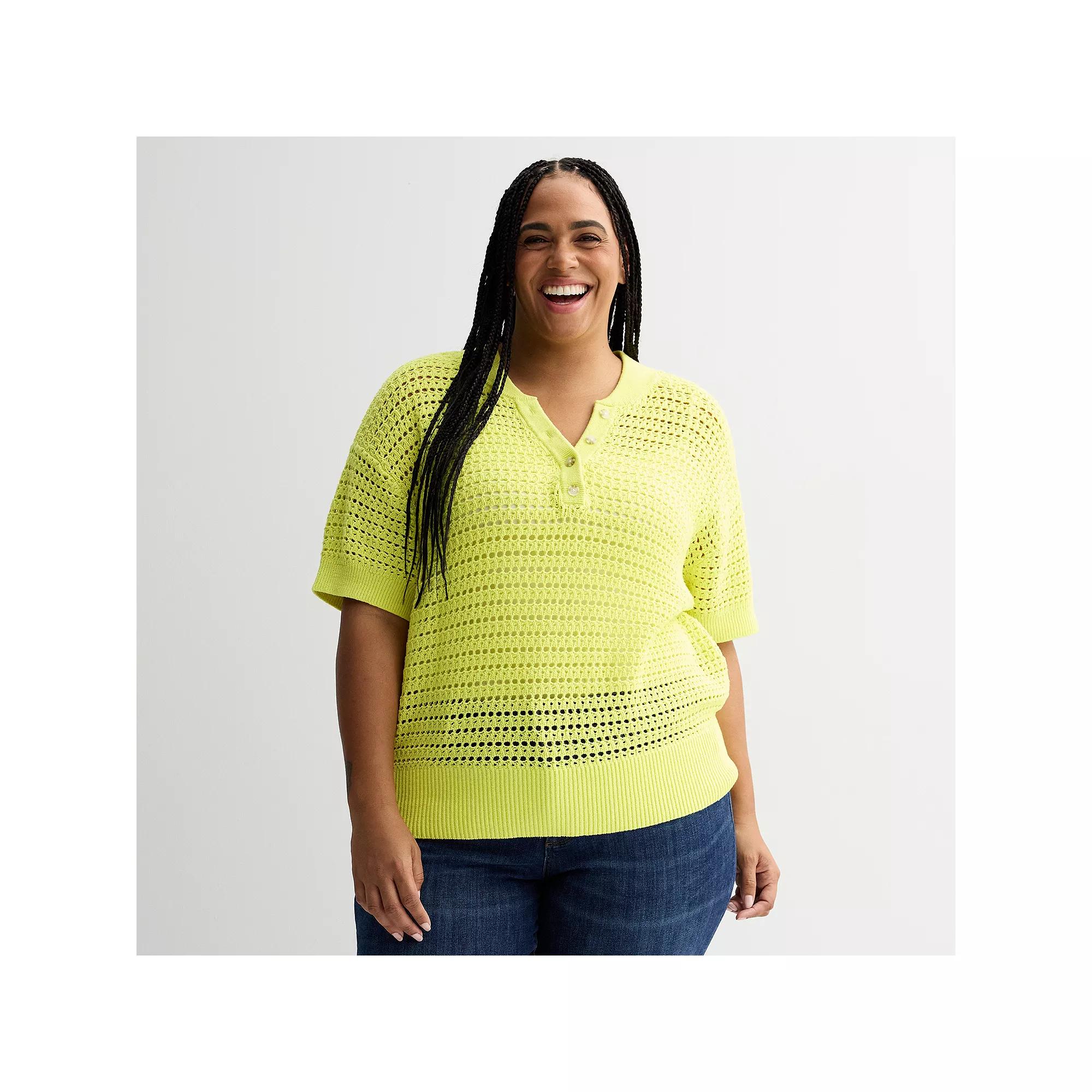 Plus Size Sonoma Goods For Life® Short Sleeve Henley Sweater, Women's, Size: 1XL, Yellow Daisy Product Image