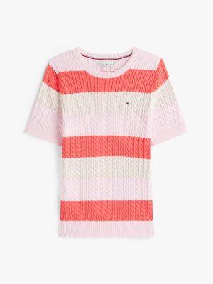 Short-Sleeve Stripe Cable Knit Sweater Product Image