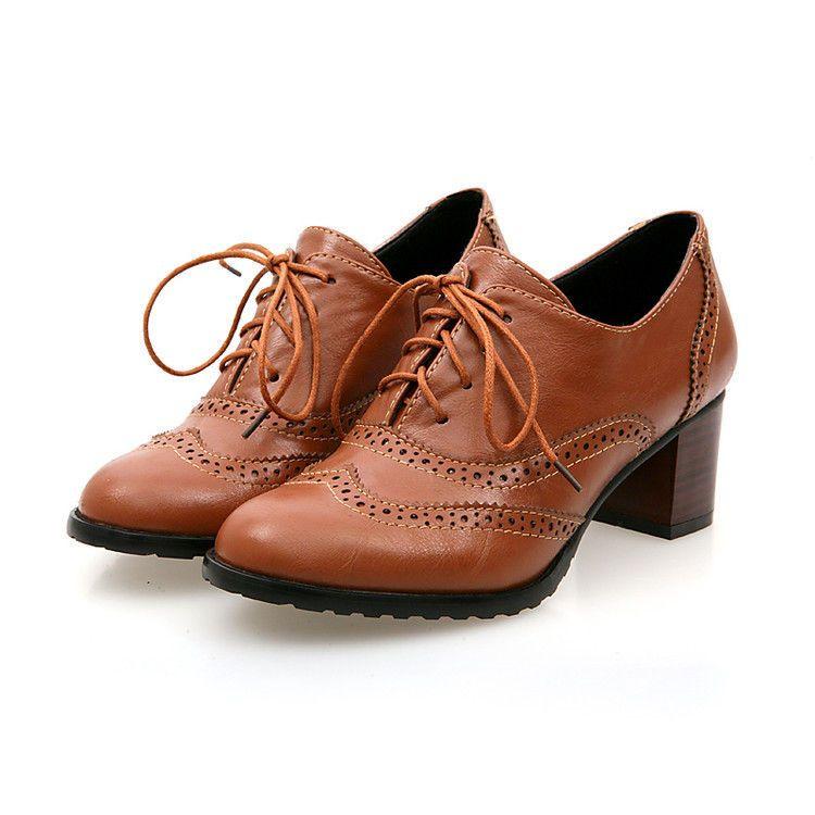 Chunky-Heel Wing-Tip Lace-Up Oxfords Product Image