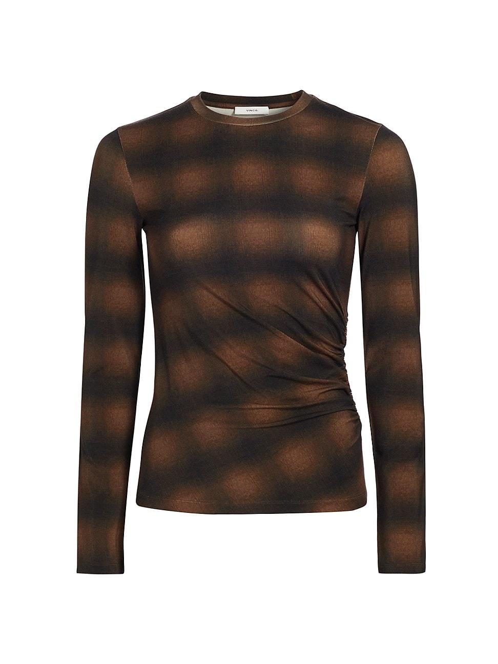 Womens Plaid Side-Drape Long-Sleeve Crewneck Top Product Image