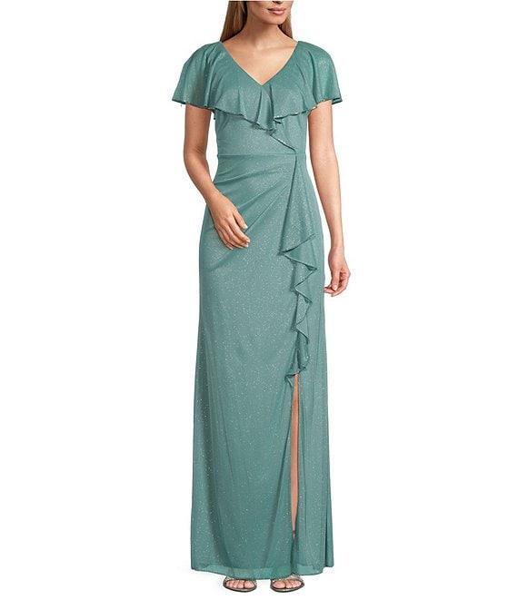 Ignite Evening V-Neck Flutter Sleeve Capelet Bugle Bead Trim Gown Product Image