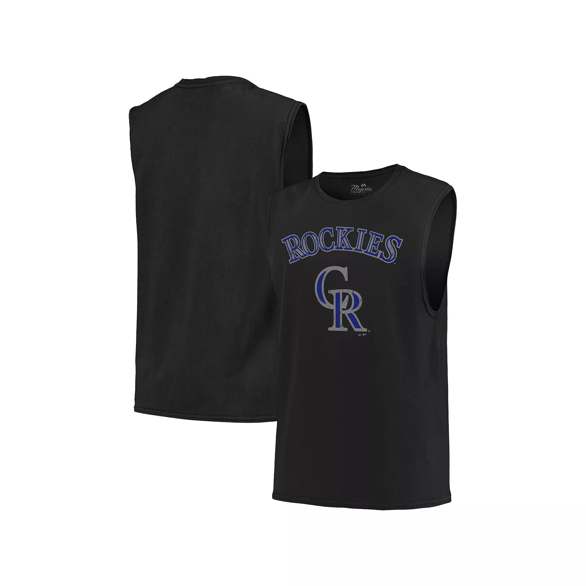 Men's Majestic Threads Black Colorado Rockies Softhand Muscle Tank Top,  Product Image