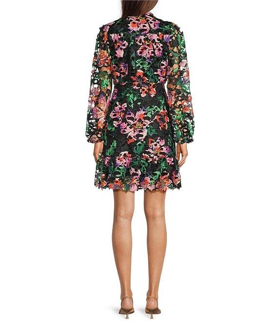 Kensie Lace Floral Print V-Neck Collar Long Sleeve Shirt Mini Dress Product Image