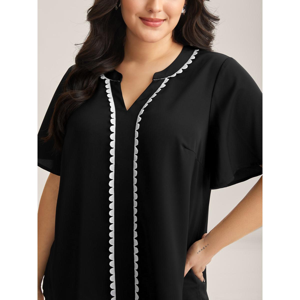 Plus Size Black Lace Trim Notched Collar Solid Blouse Women Short sleeve Notched collar Office Blouses BloomChic 12/L Product Image