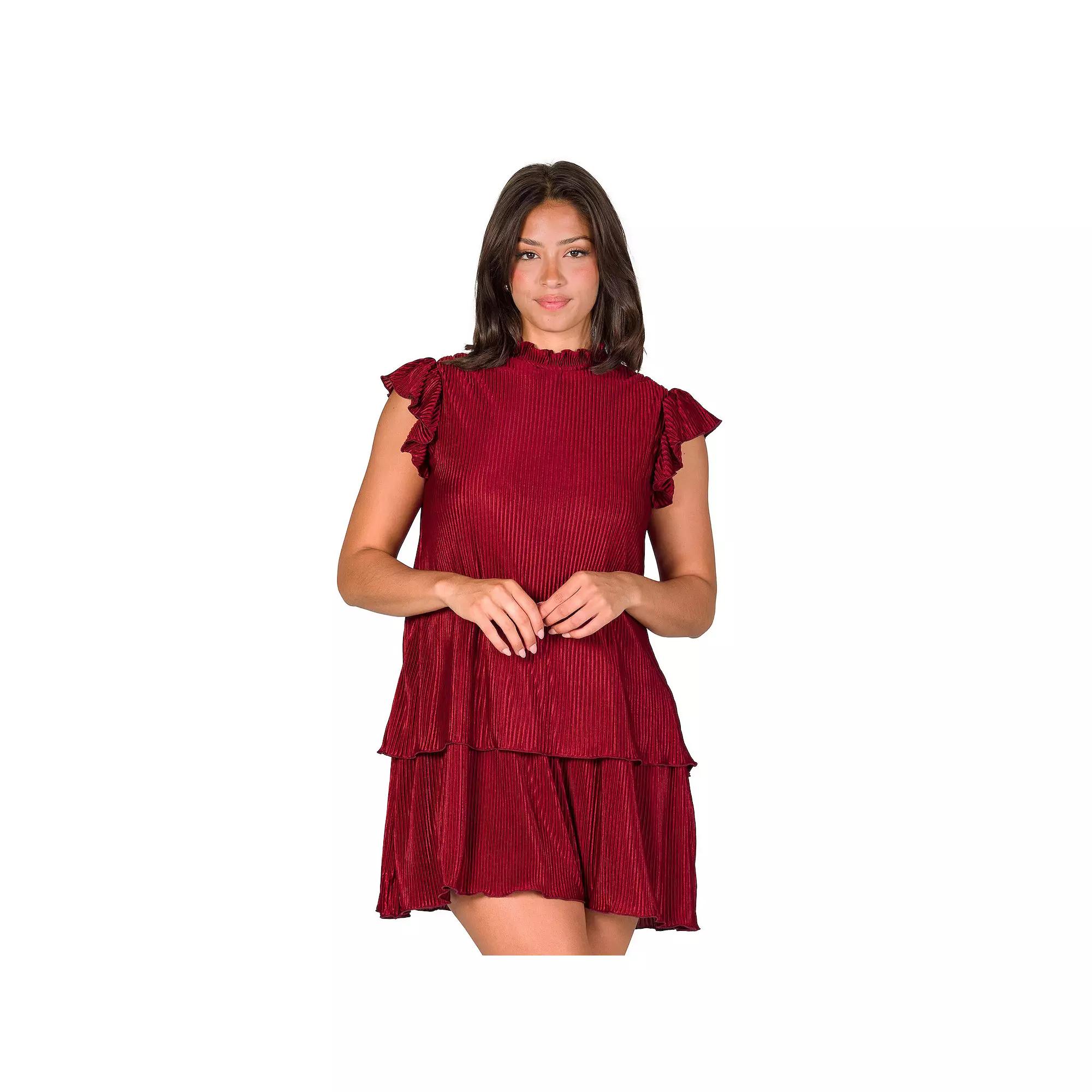 Women's 24Seven Comfort Apparel Ruffle Cap Sleeve High Neck Pleated Tiered Mini Dress,  Product Image