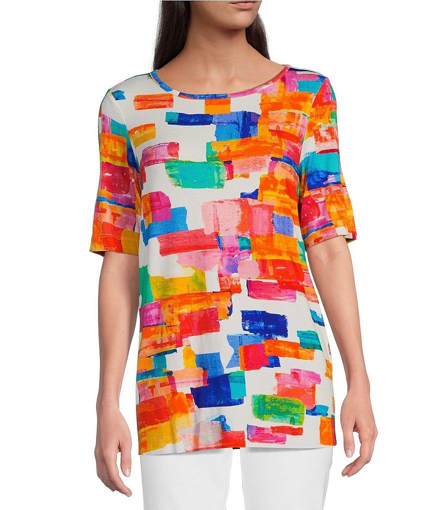 Ali Miles Petite Size Printed Knit Round Neck 3/4 Sleeve Top Product Image