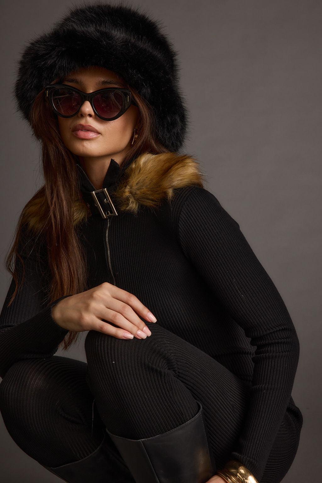 Apres Faux Fur Trimmed Black Ribbed Knit Jumpsuit Product Image