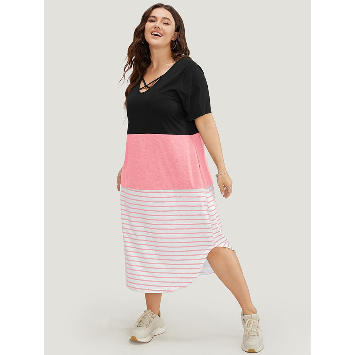 Plus Size Striped Contrast Arc Hem Pocket Crisscross Neck Dress Pink Women Casual Contrast V-neck Short sleeve Curvy Midi Dress BloomChic 14-16/1X Product Image