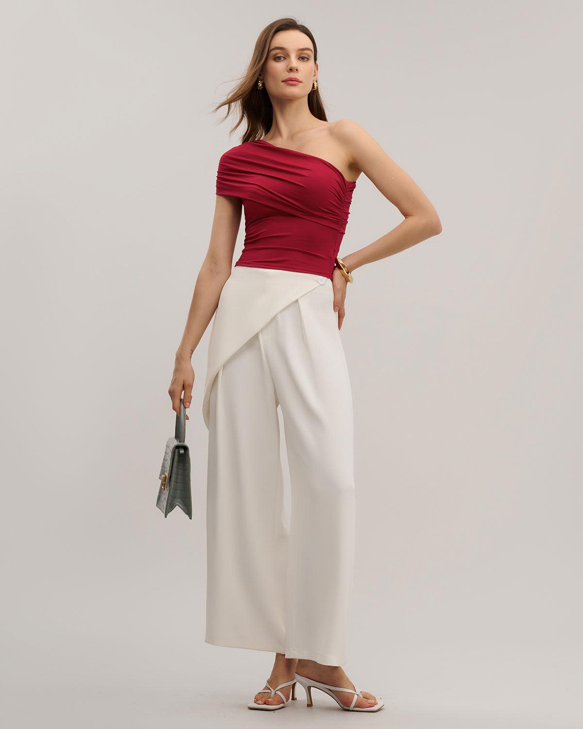 Red One Shoulder Slim Tee Product Image