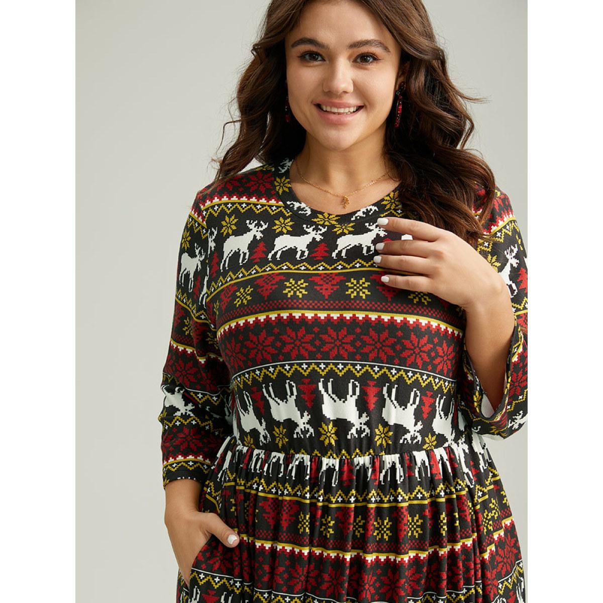 Plus Size Christmas Elk Contrast Elastic Waist Dress Multicolor Women Casual Printed Round Neck Long Sleeve Curvy Midi Dress BloomChic 18-20/2X Product Image