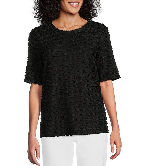 Multiples Petite Size Scoop Neck Elbow Sleeve Wave Knit Fitted Top Product Image