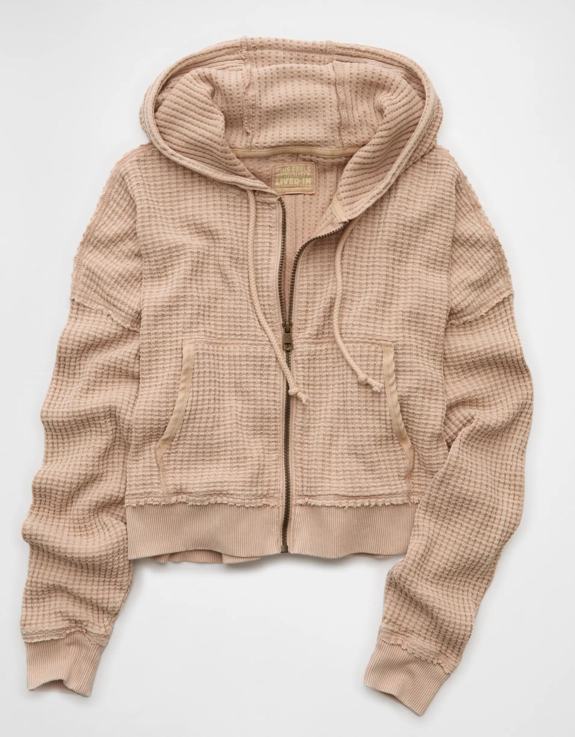 AE Cropped Waffle Zip-Up Hoodie Product Image