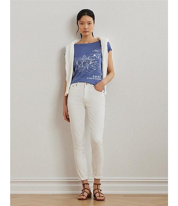 Lauren Ralph Lauren Petite Size Cotton Blend Jersey Boat Neck Short Sleeve Graphic T-Shirt Product Image