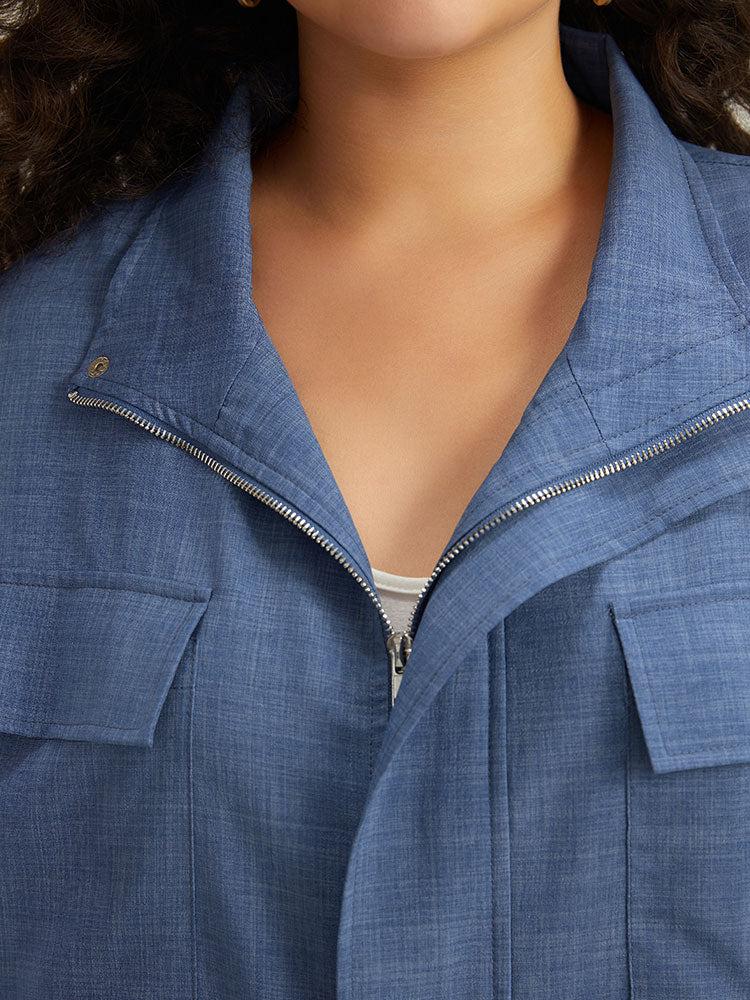 Plain Flap Pocket Zipper Lapel Collar Coat Female Product Image