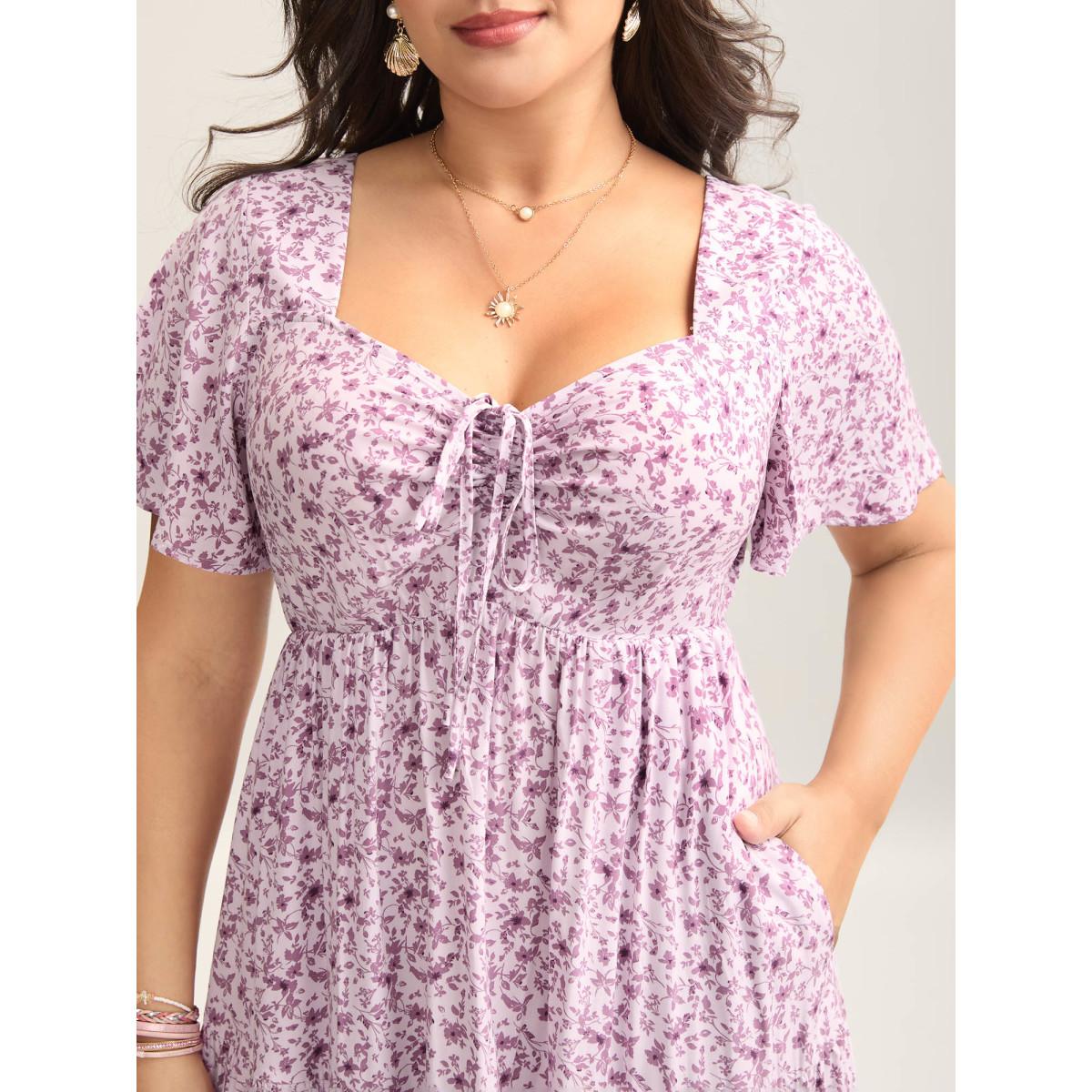 Plus Size Ditsy Floral Sweetheart Drawstring Pocket Tiered Dress Lavender Women Timeless Non V-neck Short sleeve Curvy Midi Dress BloomChic 18-20/2X Product Image