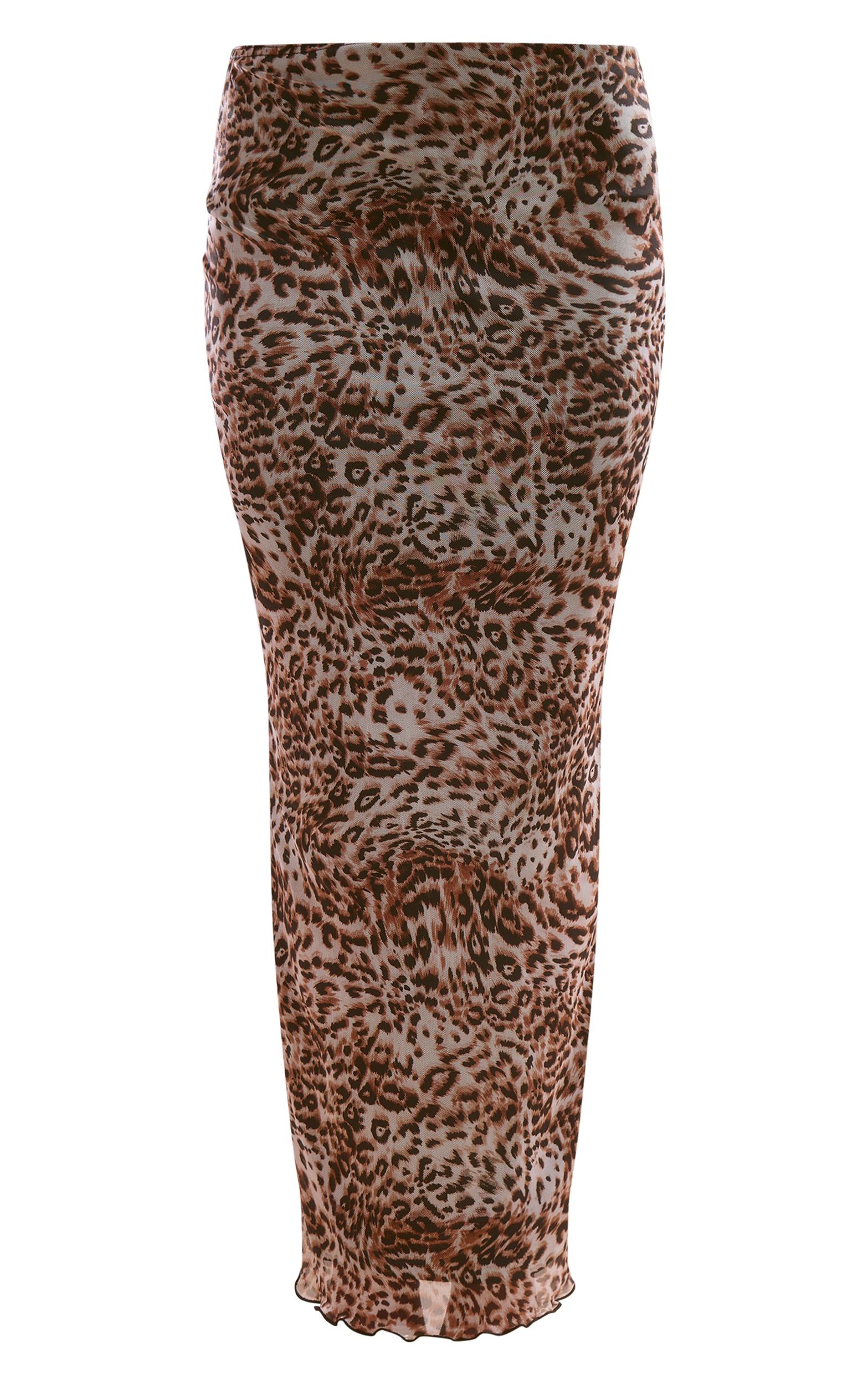 Brown Leopard Print Mesh Low Rise Midaxi Skirt Product Image