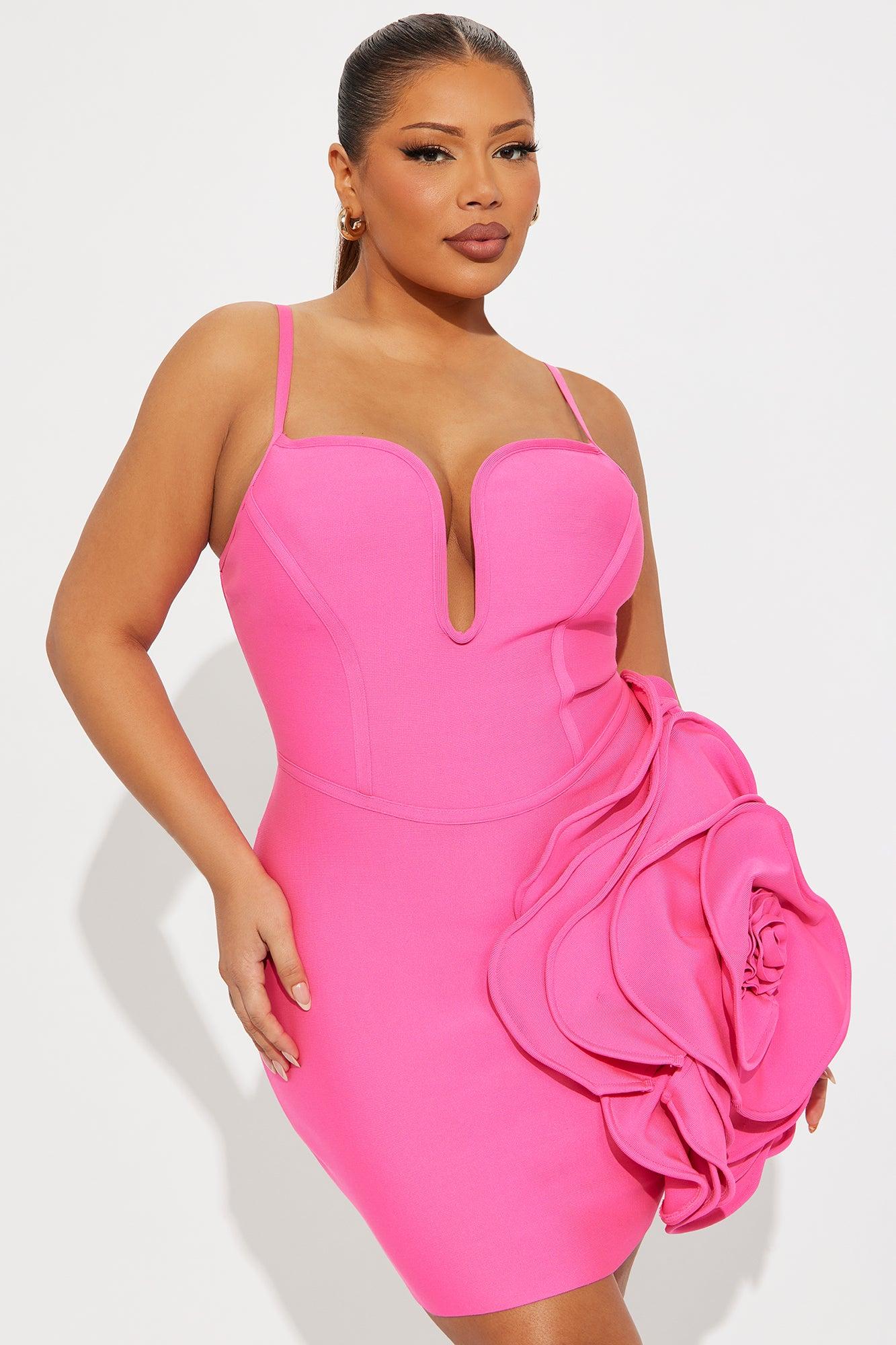 Love Story Rose Bandage Mini Dress - Neon Pink Female Product Image