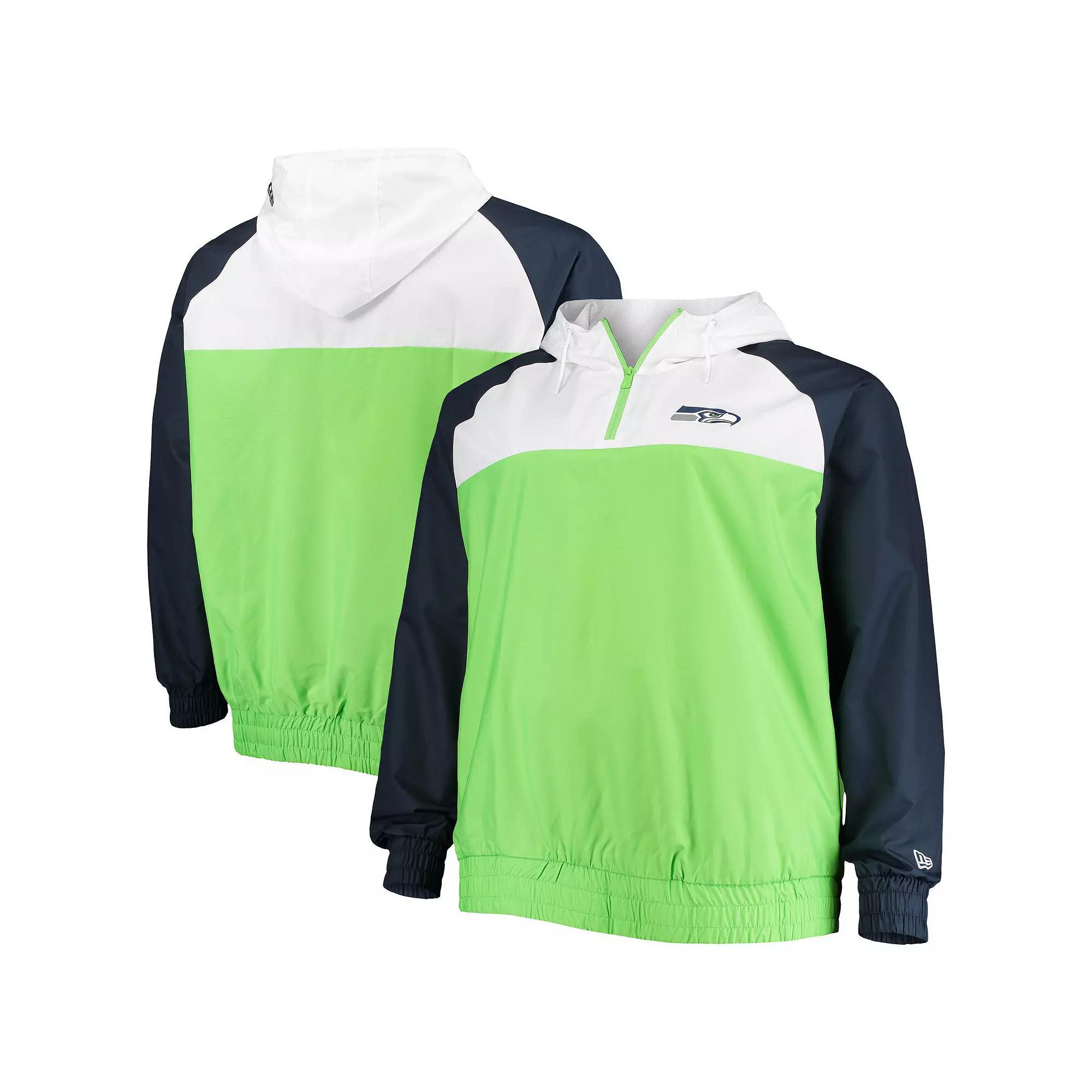 Men's New Era Neon Green/College Navy Seattle Seahawks Big & Tall League Raglan Quarter-Zip Hoodie, Size: 3XB, Brt Gr Product Image