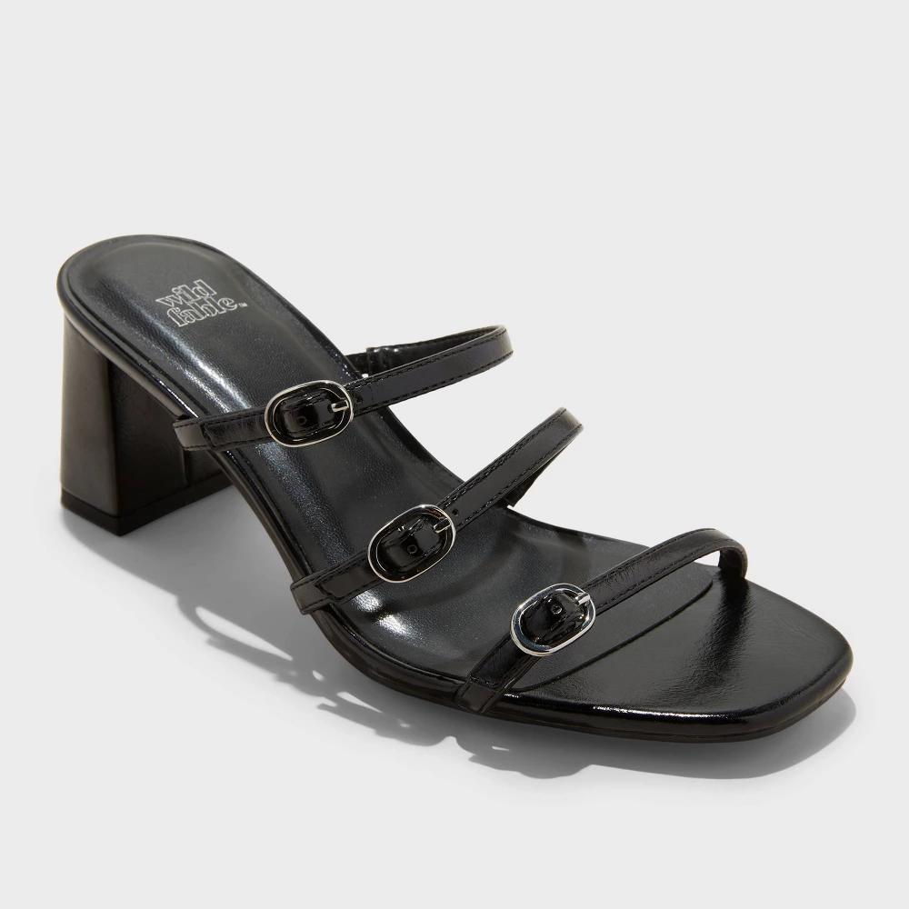 Women's Asterin Triple Buckle Heels with Memory Foam Insole - Wild Fable™ Black 11: Strappy Block Heel, Open Square Toe Product Image