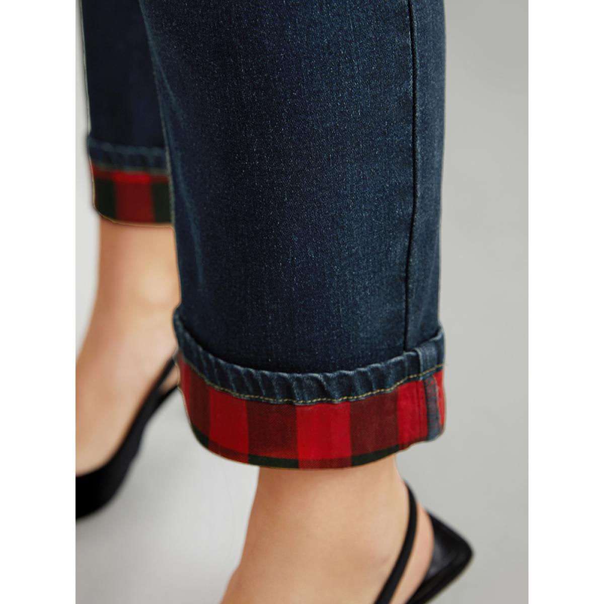 Plus Size Plaid Roll Hem Straight Leg Jeans Women Midnight Casual Plaid Roll Hem High stretch Pocket Jeans BloomChic 24/3X Product Image