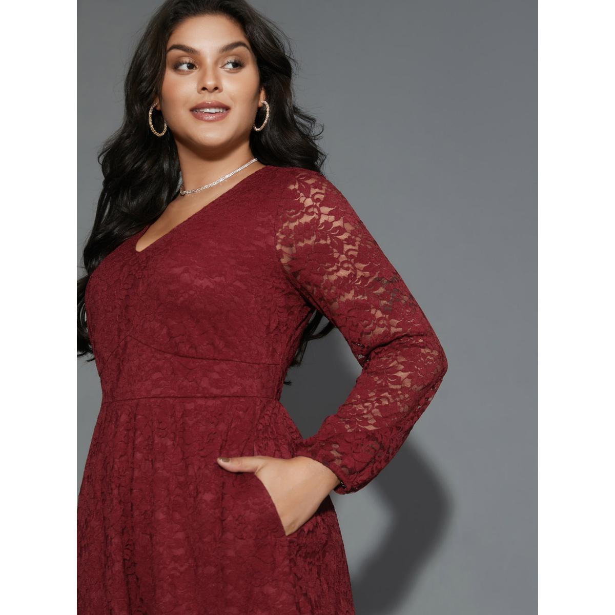 Plus Size Solid Lace Patchwork Lantern Sleeve Dress Burgundy Women Cocktail Woven ribbon&lace trim Party Curvy Bloomchic 30/6X Product Image