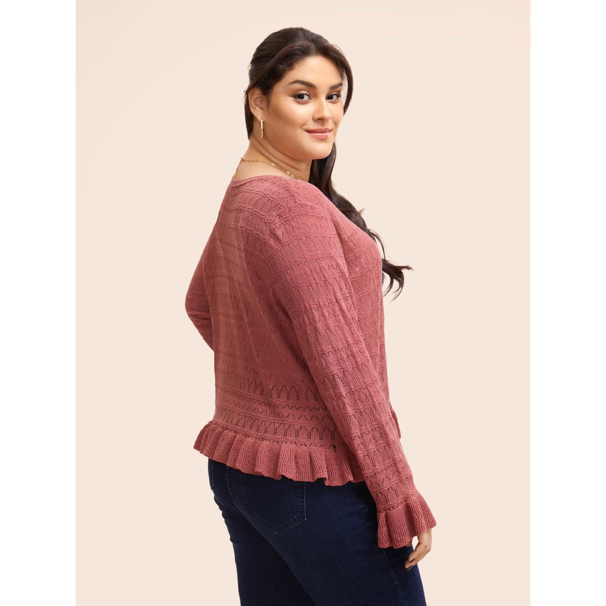 Plus Size Texture Ruffles Tie Knot Bell Sleeve Cardigan Beanpastepowder Women Casual Loose Long Sleeve Everyday Cardigans BloomChic 18-20/2X Product Image