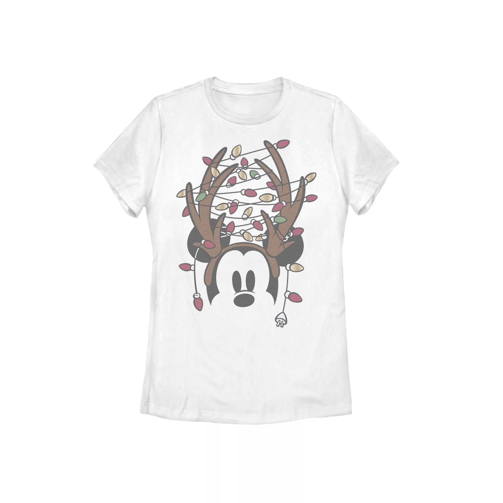 Disney's Mickey Mouse Juniors' Antlers With Christmas Lights Graphic Tee, Women's, Size: XL, White Product Image