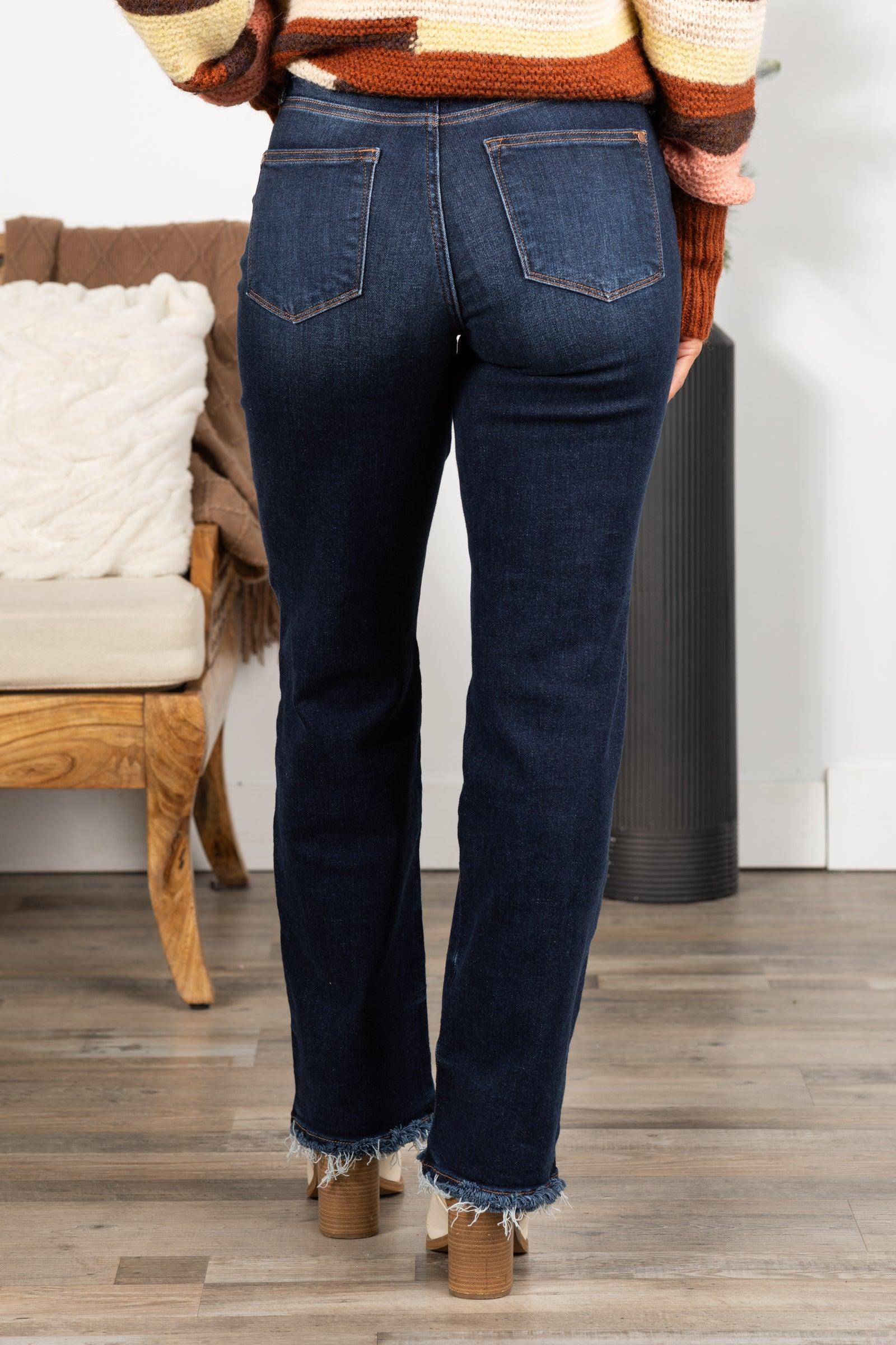 Judy Blue Dark Straight Leg Fray Hem Jeans Product Image