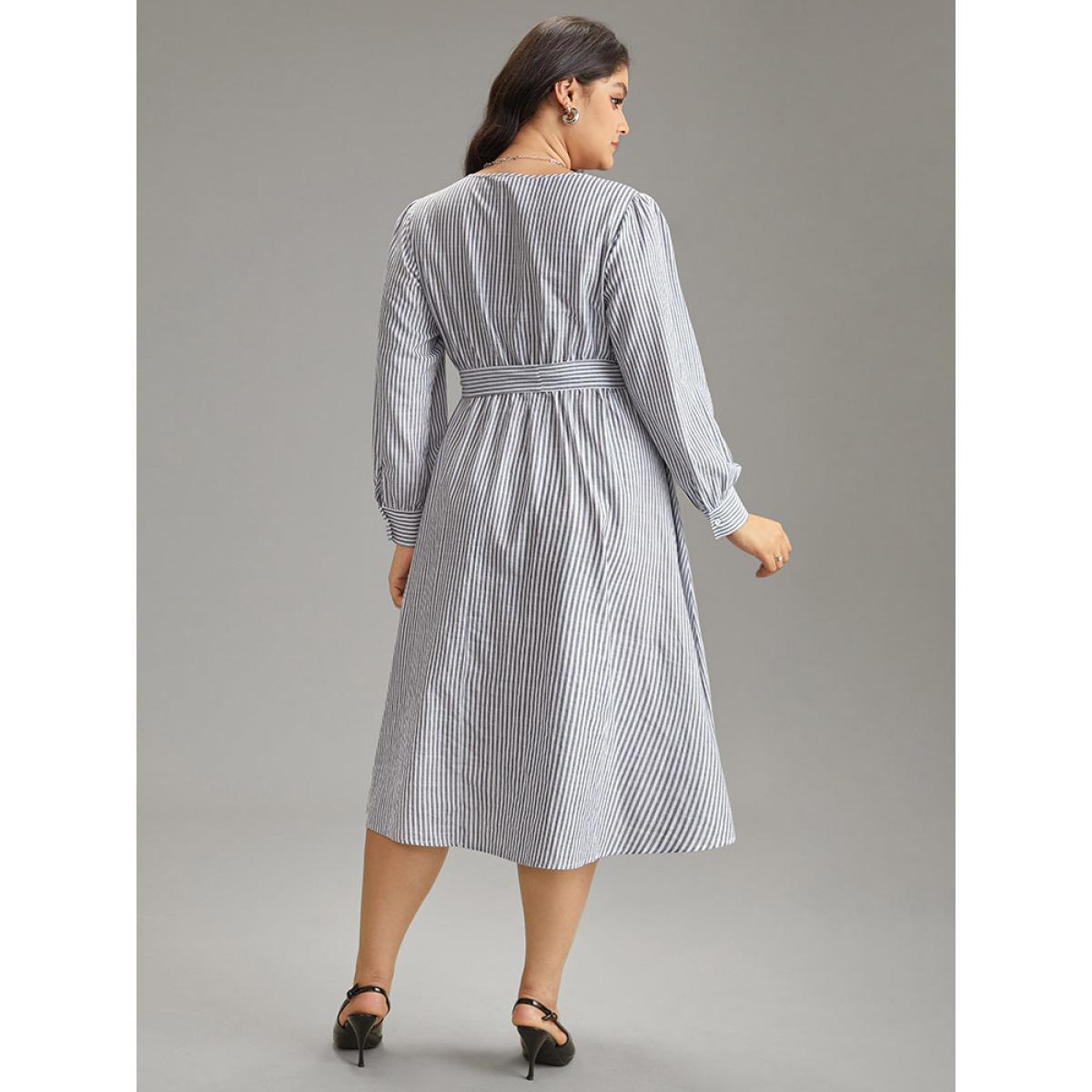 Plus Size Cotton Striped Belted Overlap Collar Dress SlateGray Women Office Wrap Overlap Collar Long Sleeve Curvy Midi Dress BloomChic 22-24/3X Product Image