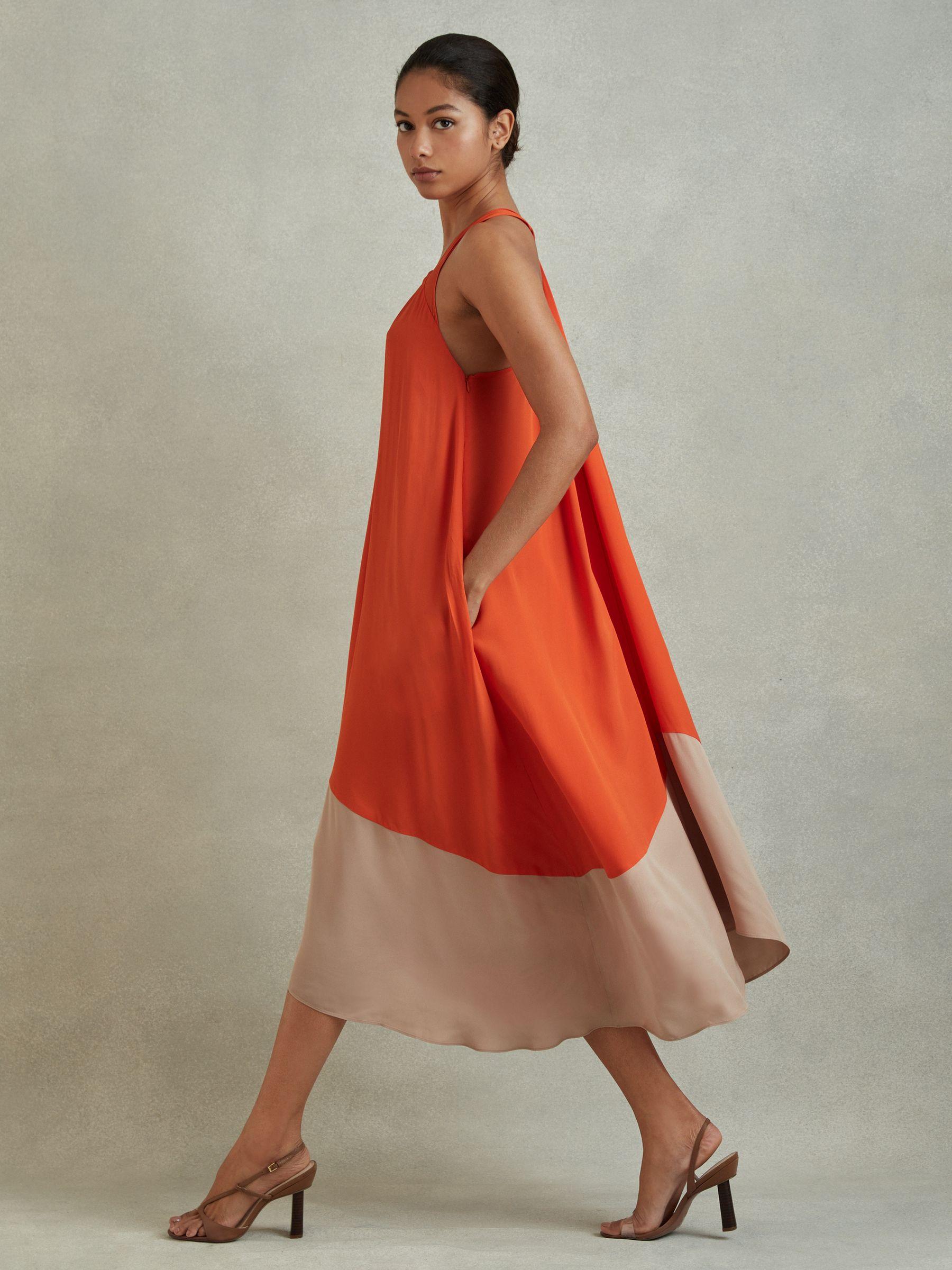 Ruched Dipped Hem Midi Dress in Orange Product Image
