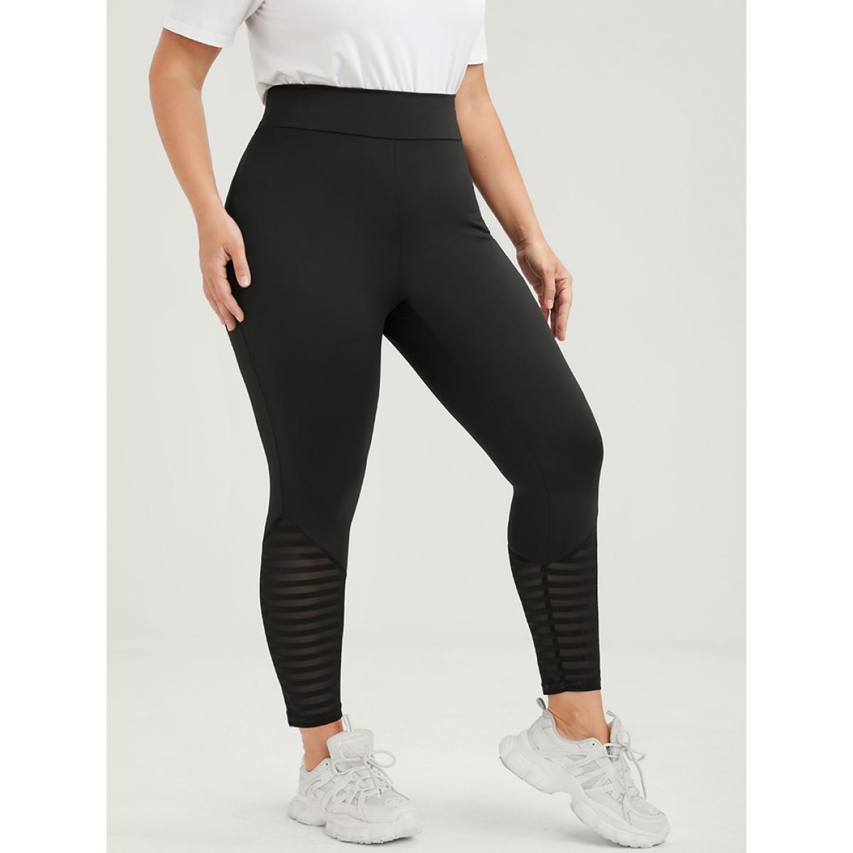 Plus Size Solid Wideband Waist Striped Mesh Patchwork Skinny Leggings Women Black Casual Medium stretch Bodycon Extra High Rise Dailywear Leggings BloomChic 10/M Product Image