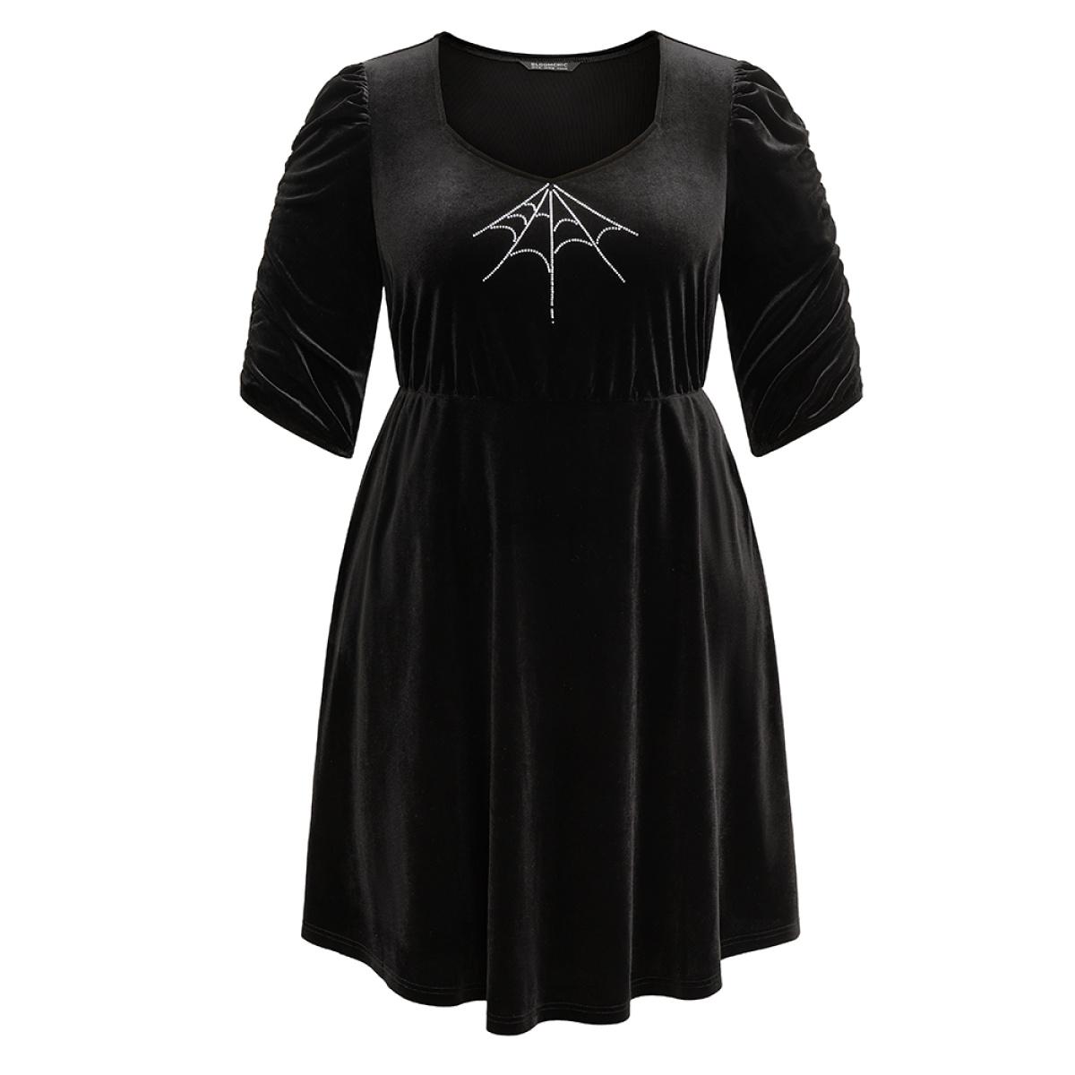 Plus Size Halloween Velvet Rhinestone Pocket Dress Black Women Elegant Rhinestone detailing Square Neck Half Sleeve Curvy Knee Dress BloomChic 22-24/3X Product Image