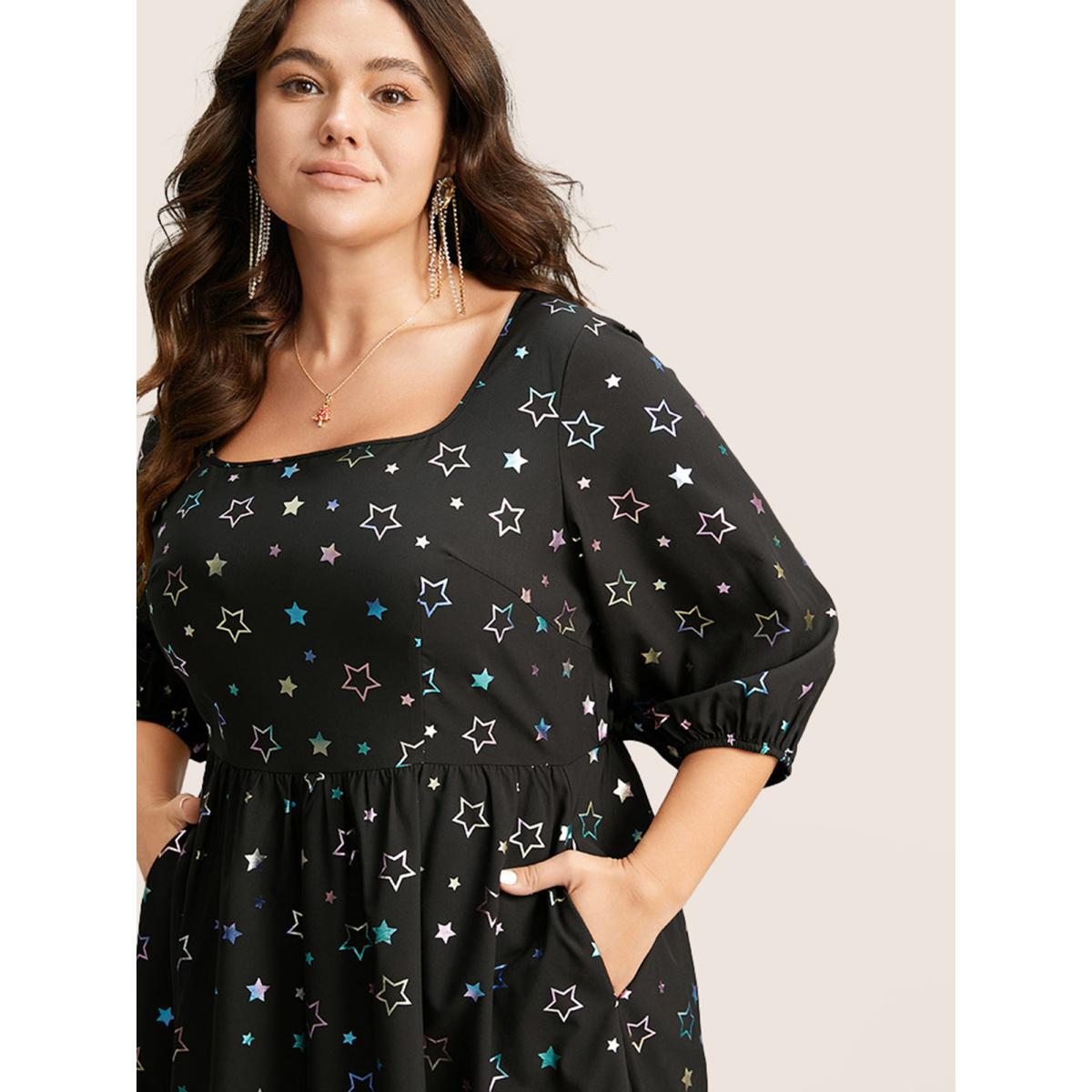 Plus Size Heart Glitter Square Neck Lantern Sleeve Dress Black Women Cocktail Elastic cuffs Square Neck Half Sleeve Curvy Midi Dress BloomChic 14-16/1X Product Image