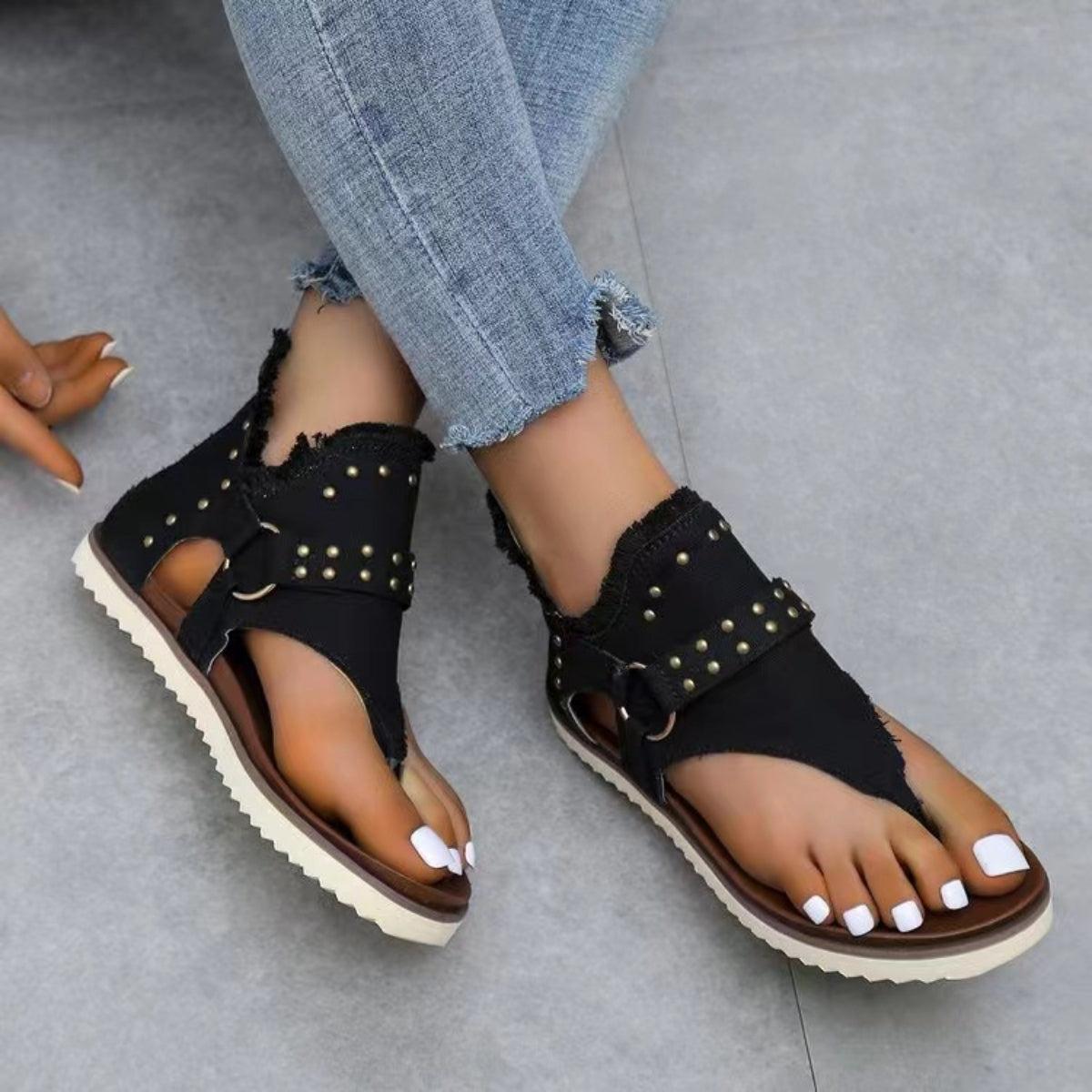 Studded Raw Hem Flat Sandals Product Image