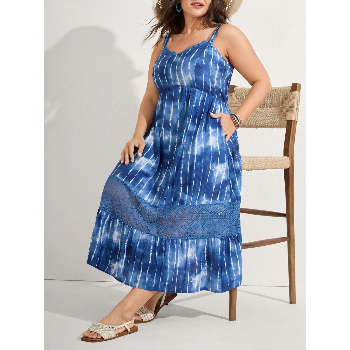 Plus Size Tie-Dye Lace Trim Cami Midi Dress Mediumblue Women Boho V-neck Sleeveless Curvy BloomChic 26/4X Product Image