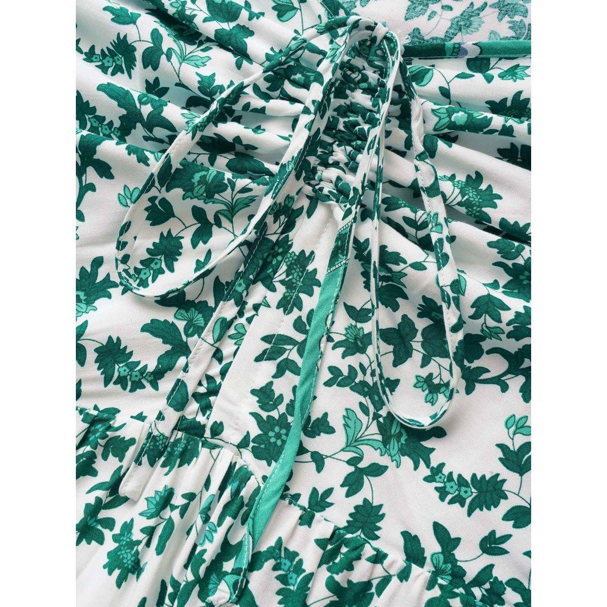 Plus Size Boho Print Drawstring Cap Sleeve Dress Malachitegreen Women Resort Drawstring Heart neckline Cap Sleeve Curvy BloomChic 22-24/3X Product Image