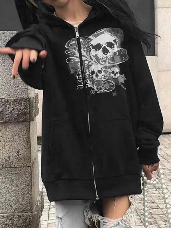 Halloween Skull Print Zip Up Drawstring Oversized Hoodie Product Image