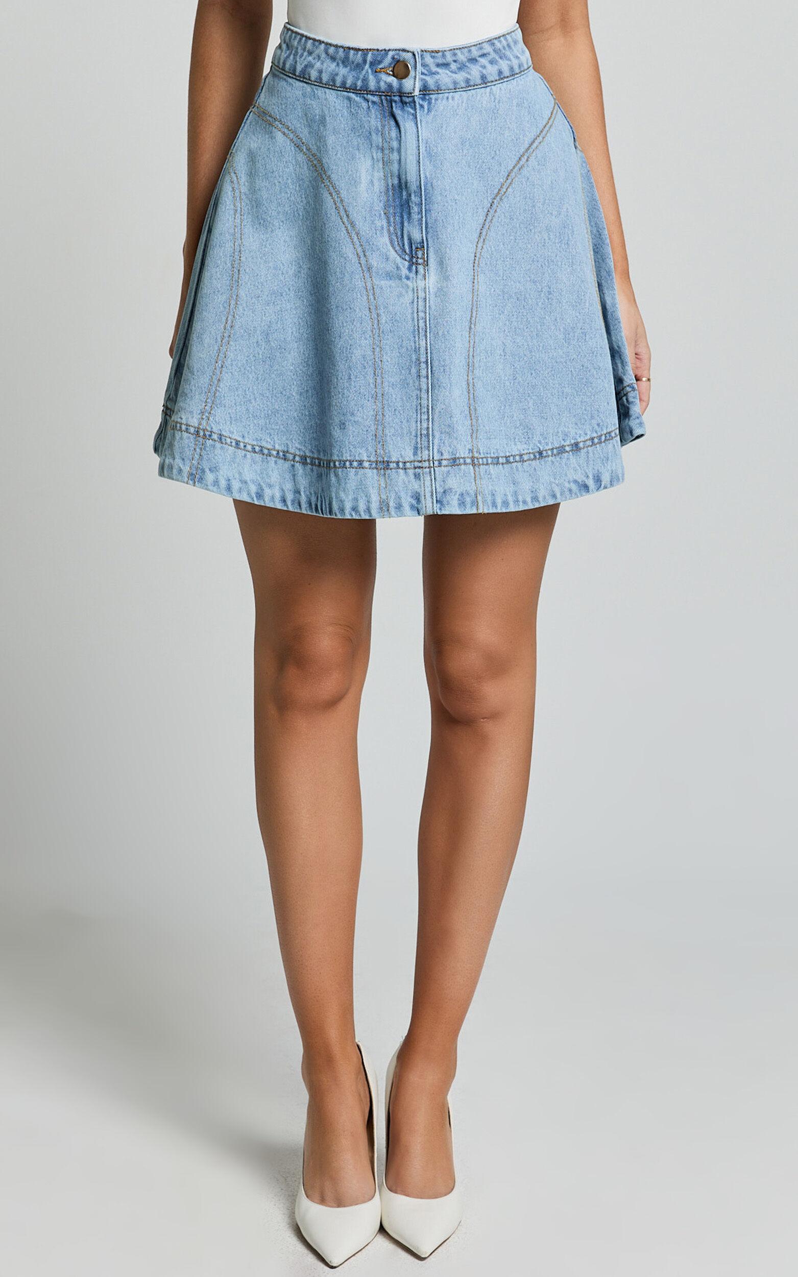 Koemi Skirt - High Waisted Denim Flare in Light Blue Wash Product Image
