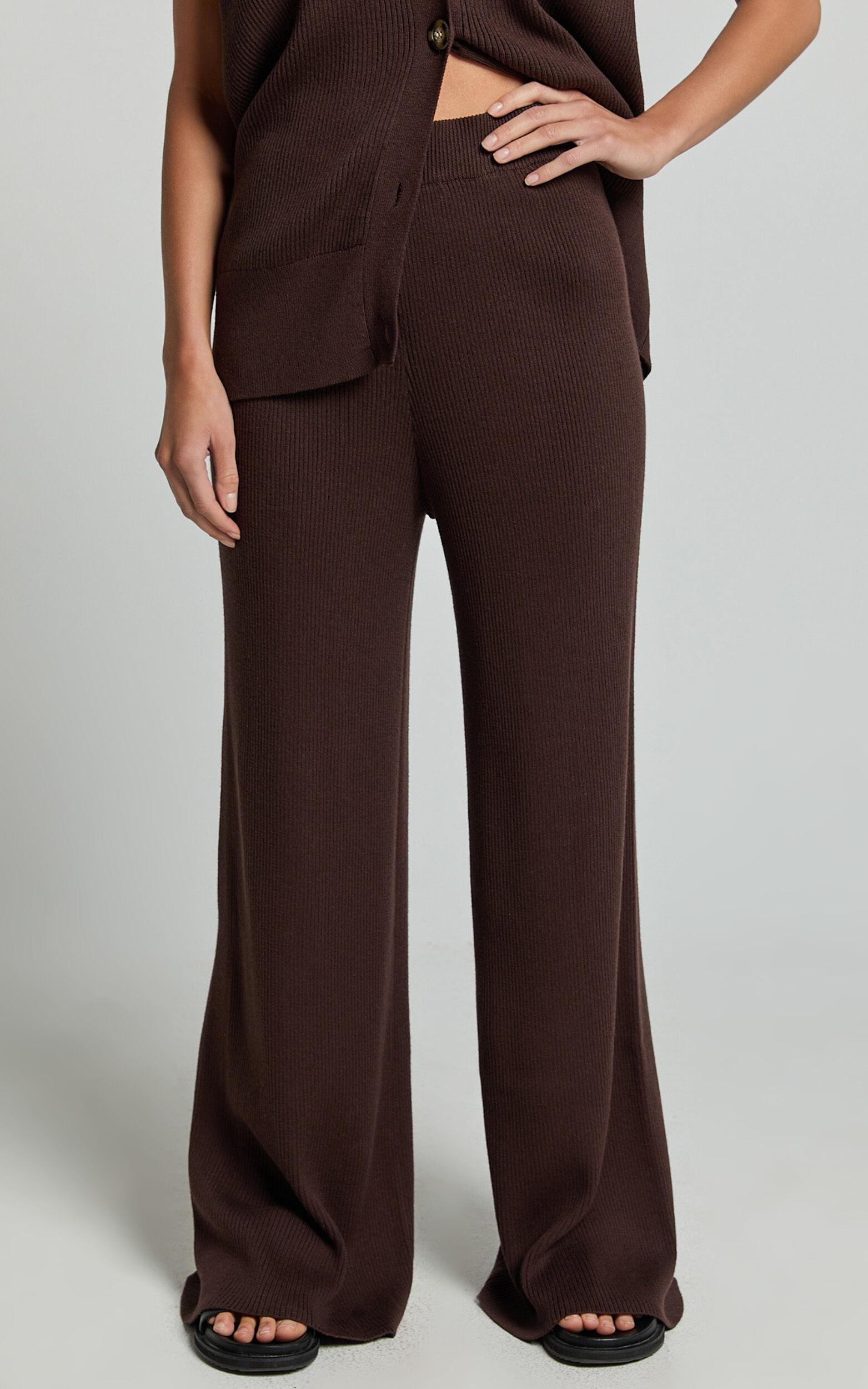 Sasha Pants - Knitted High Waist Wide Leg Pants in Chocolate Product Image