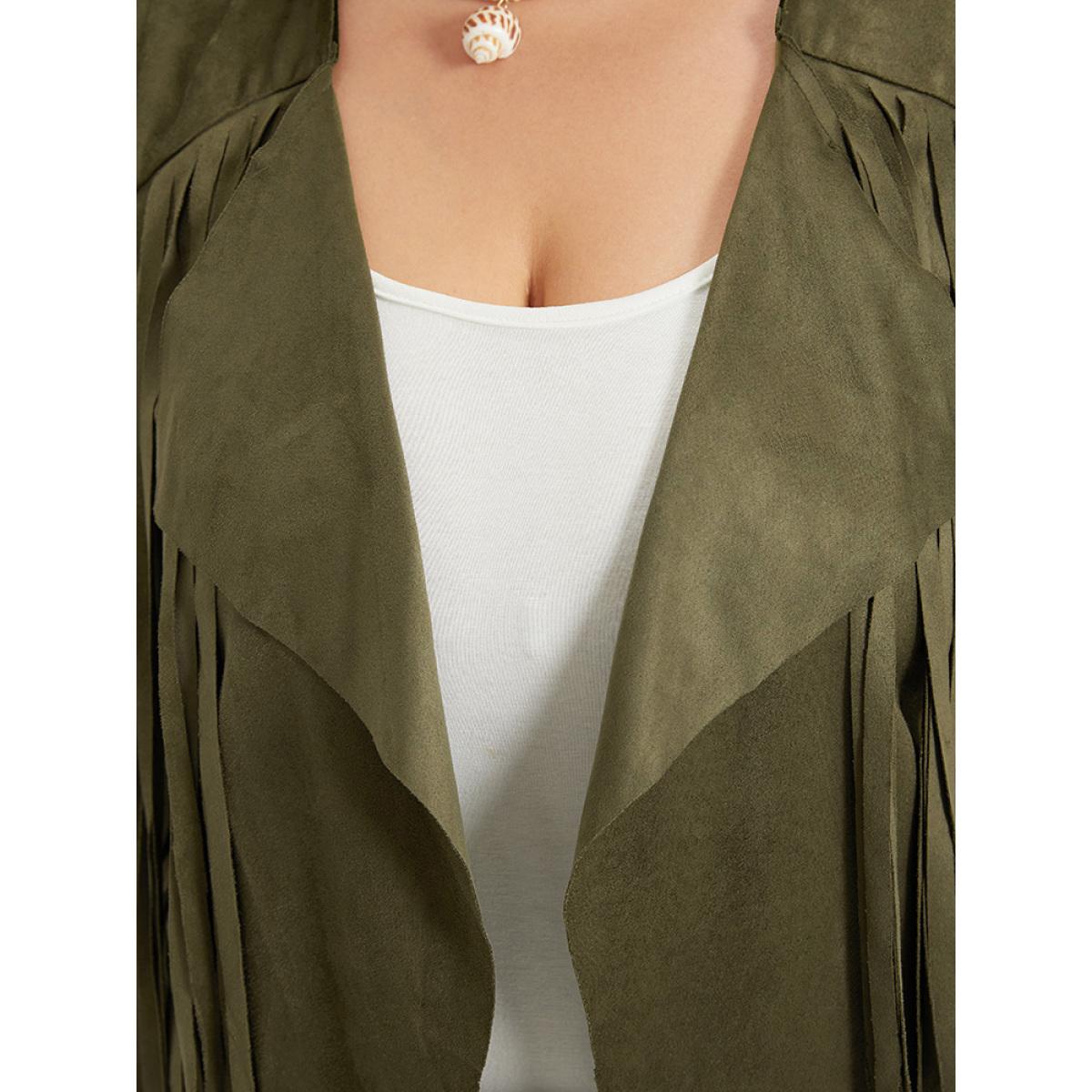 Plus Size Plain Tassel Trim Open Front Jacket Women ArmyGreen Tassels Vacation Jackets BloomChic 10/M Product Image