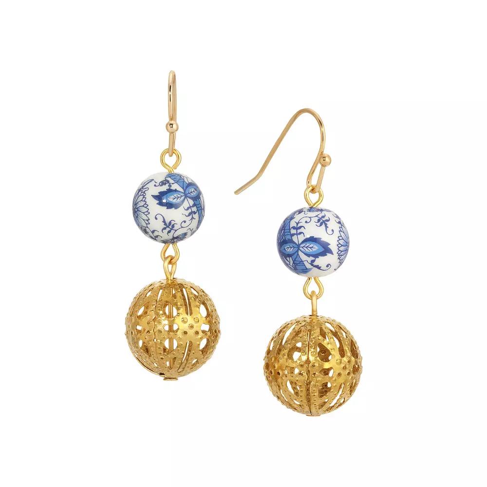 1928 Gold Tone Filigree Blue & White Floral Drop Earrings, Womens Product Image