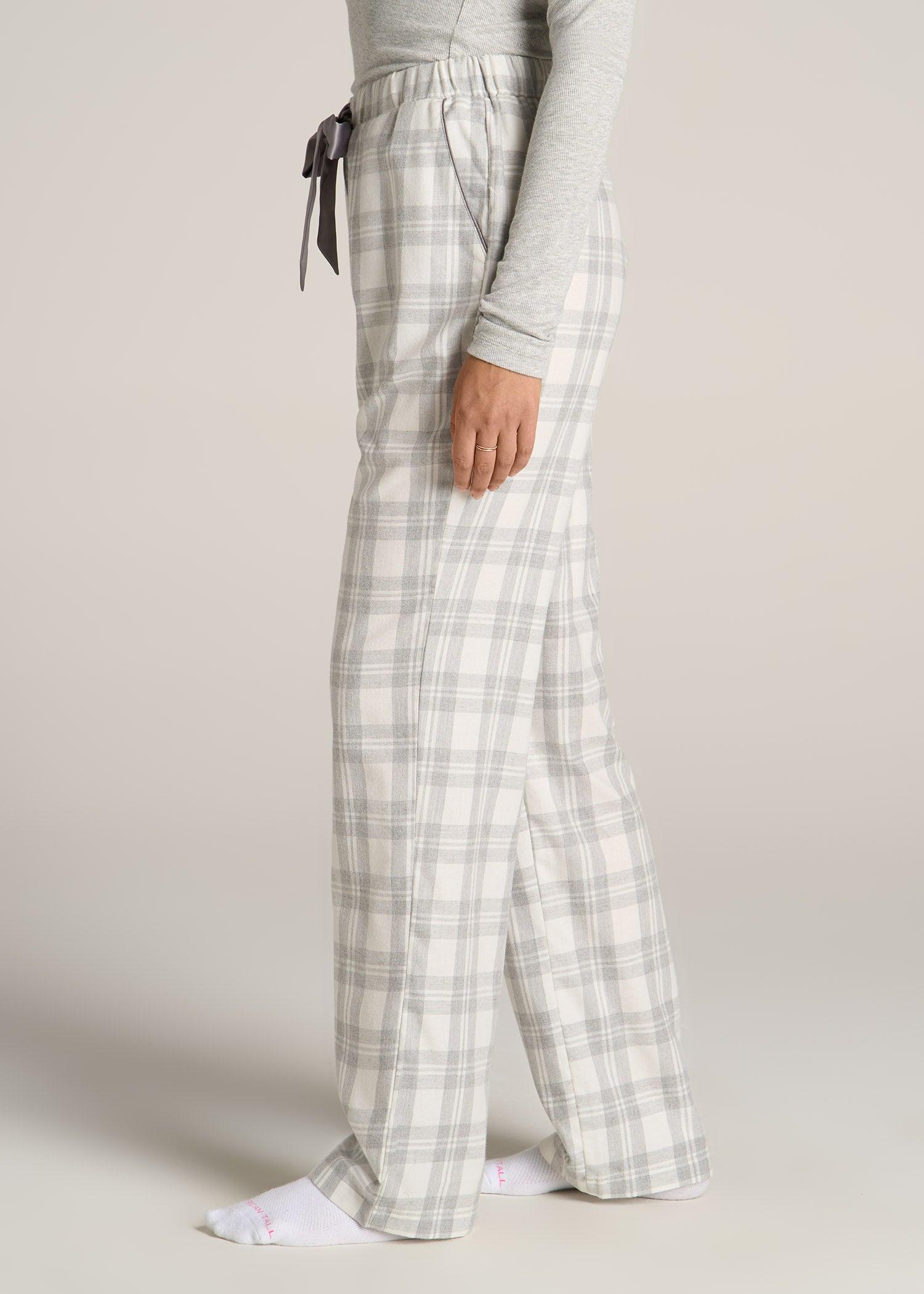 Open-Bottom Flannel Pajama Pants for Tall Women in Heather Grey and White Plaid Female Product Image