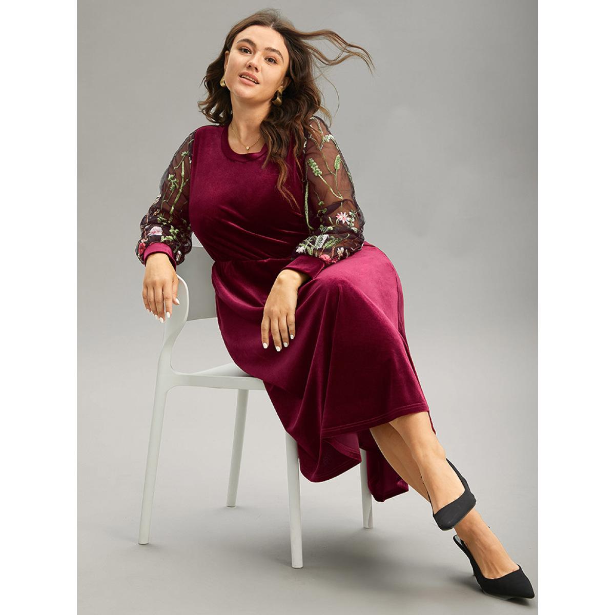 Plus Size Floral Embroidered Patchwork Lace Velvet Mesh Dress Burgundy Women Elegant Velvet Round Neck Long Sleeve Curvy Midi Dress BloomChic 10/M Product Image