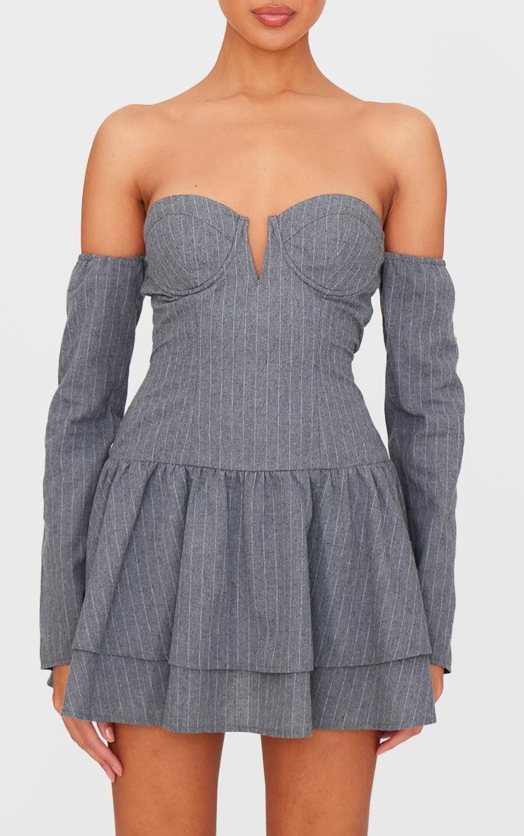 Light Grey Pinstripe Cup Detail Bardot Shift Dress Product Image
