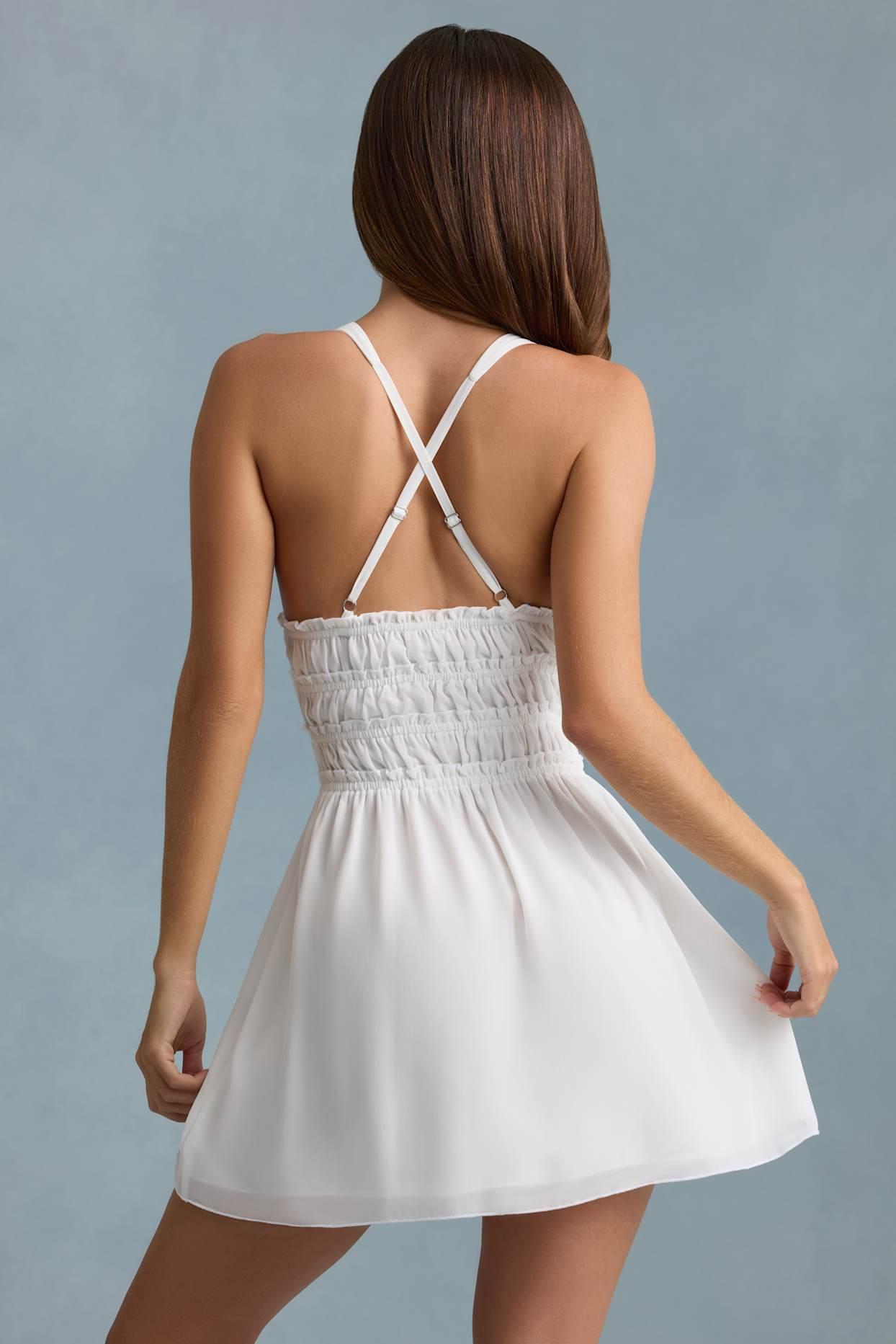 Plunge Cross-Back Mini Dress in White Product Image