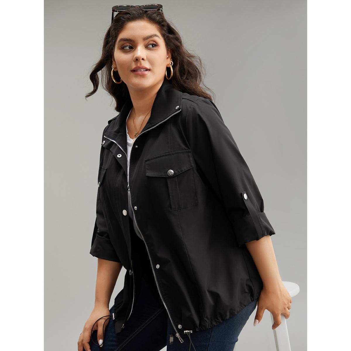 Plus Size Solid Zipper Detail Button Up Drawstring Jacket Women Black Plain Pocket Dailywear Jackets BloomChic 12/L Product Image