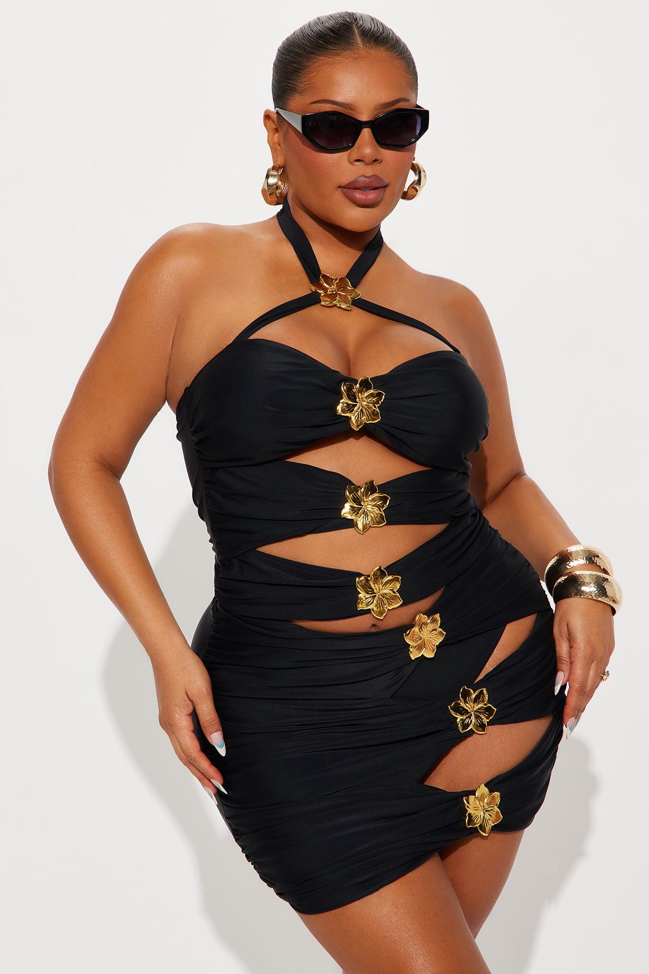 Summer Flower Hardware Cutout 1 Piece & Cover Up Skirt Set - Black Female Product Image