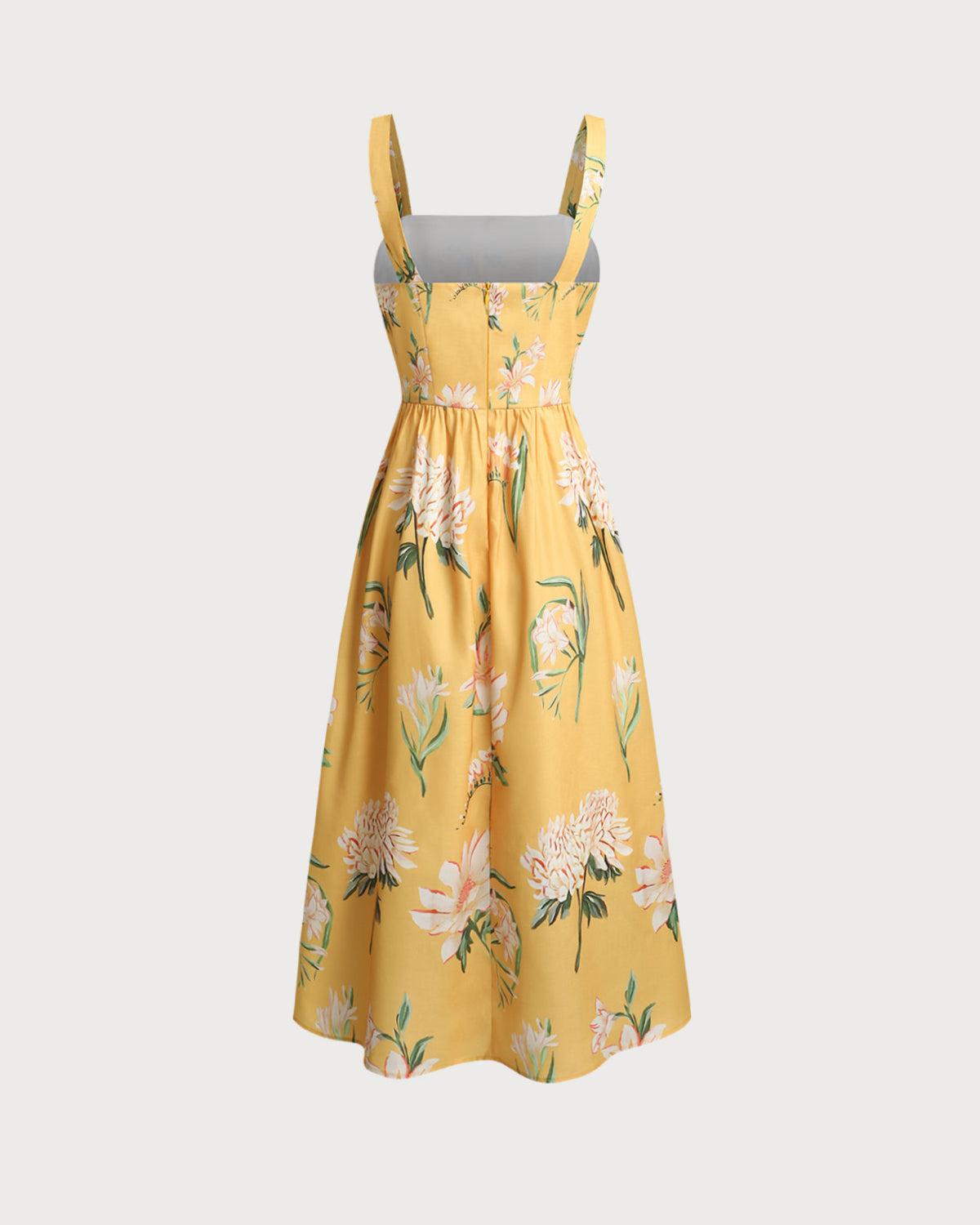 Yellow Floral A-Line Slip Midi Dress Product Image