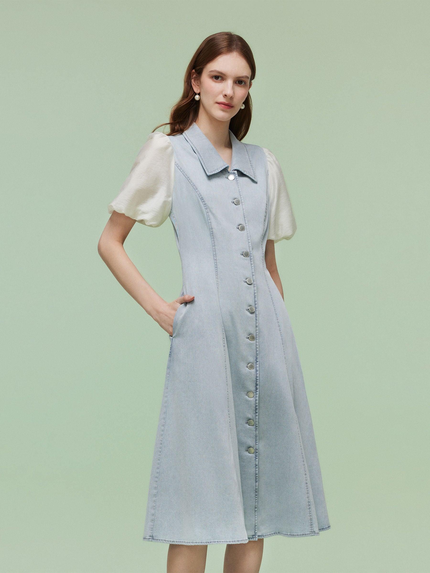 Denim Patchwork Women Puff-sleeved Midi Dress Product Image