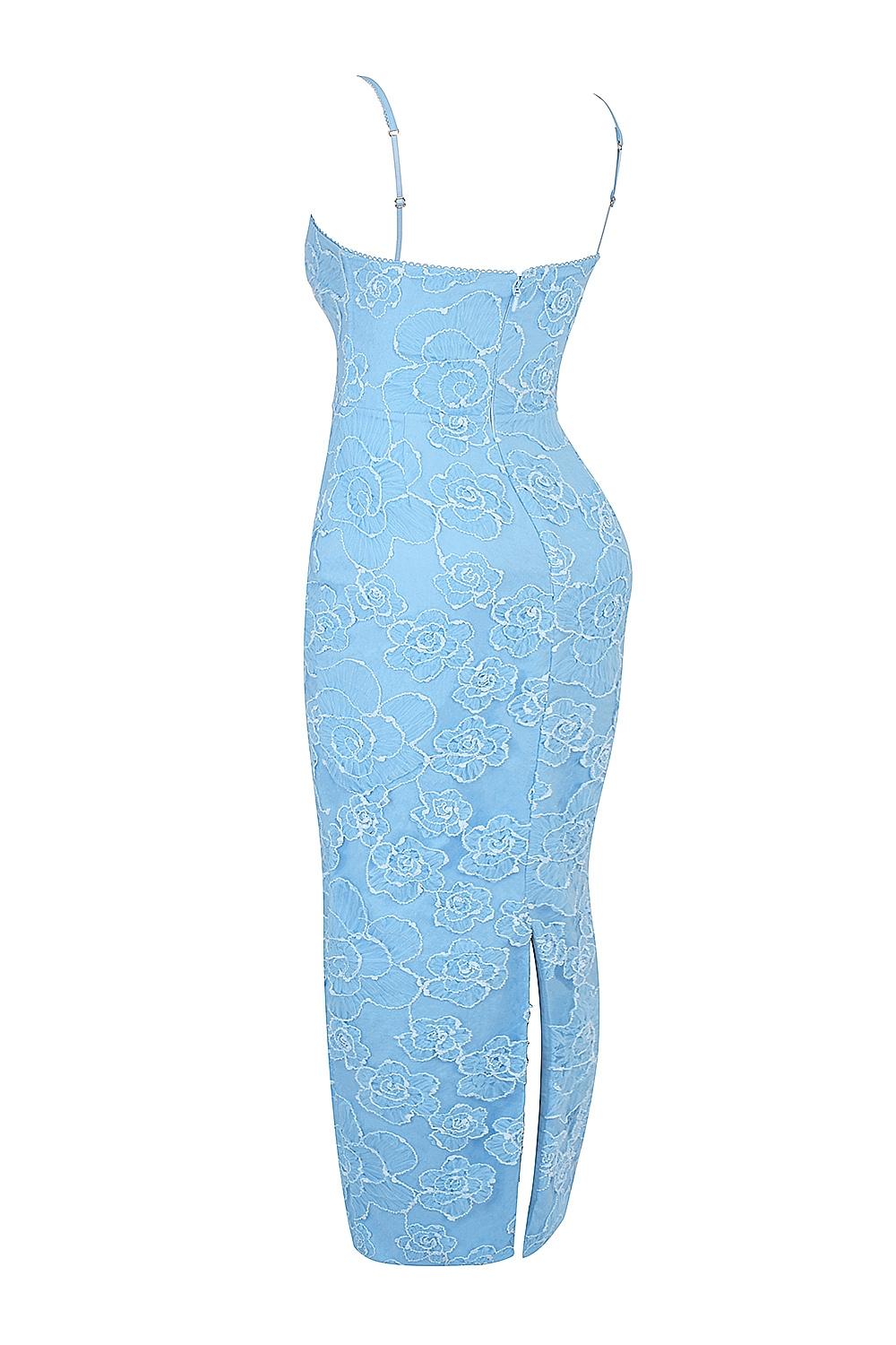 Eva  tuscan blue embroidered floral maxi dress Product Image